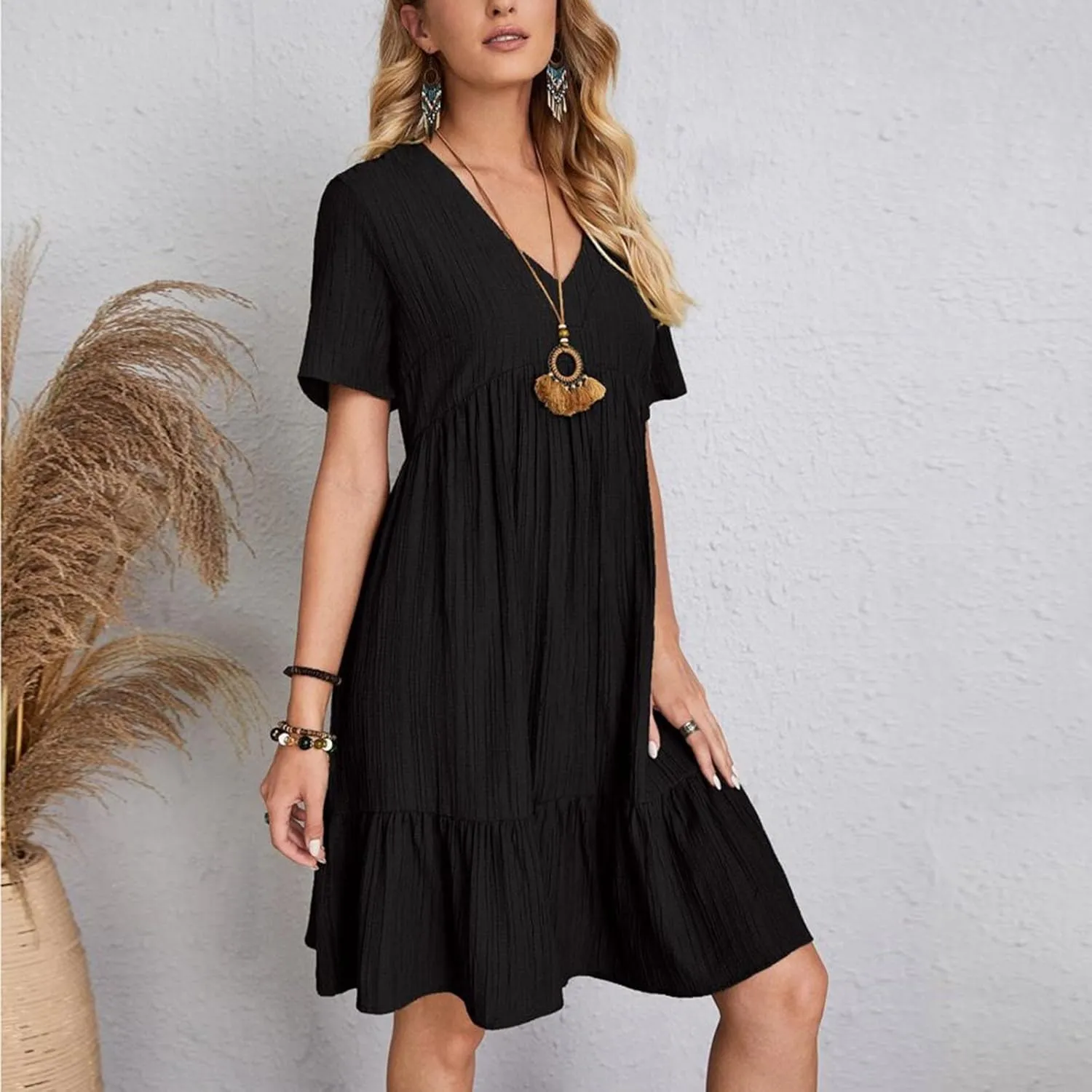 Women's Sundresses Short Sleeve Elegant Mini Dress Ruffle Pleated Summer Dresses Flowy V Neck Beach Dress