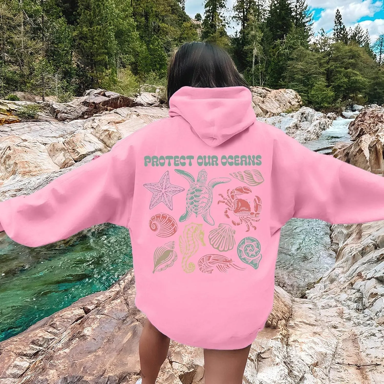 Womens Sweatshirt Graphic Oversized Hoodies Ocean Print Comort Long Sleeve Drawstring Pullover Surfing Hoodie
