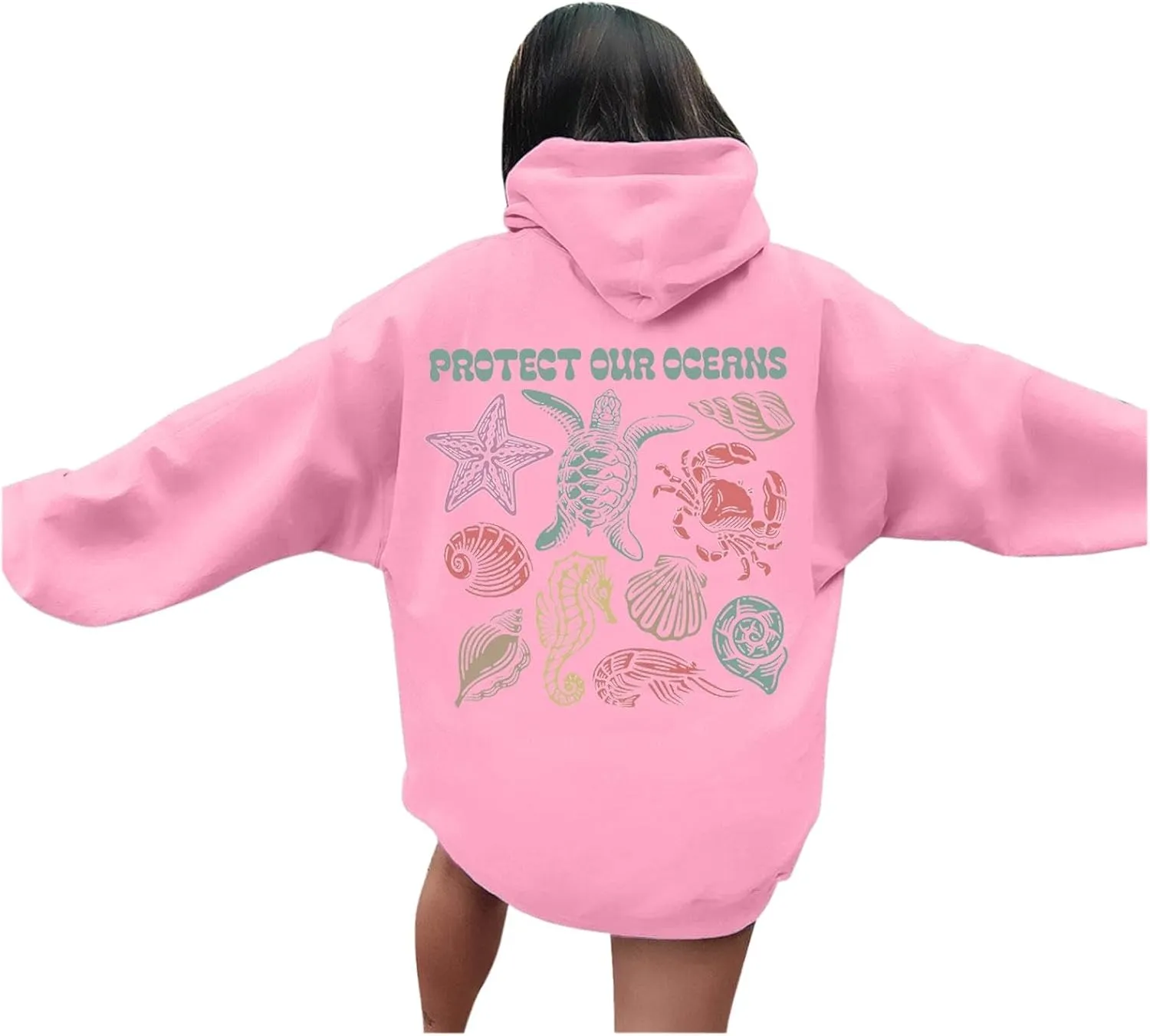 Womens Sweatshirt Graphic Oversized Hoodies Ocean Print Comort Long Sleeve Drawstring Pullover Surfing Hoodie