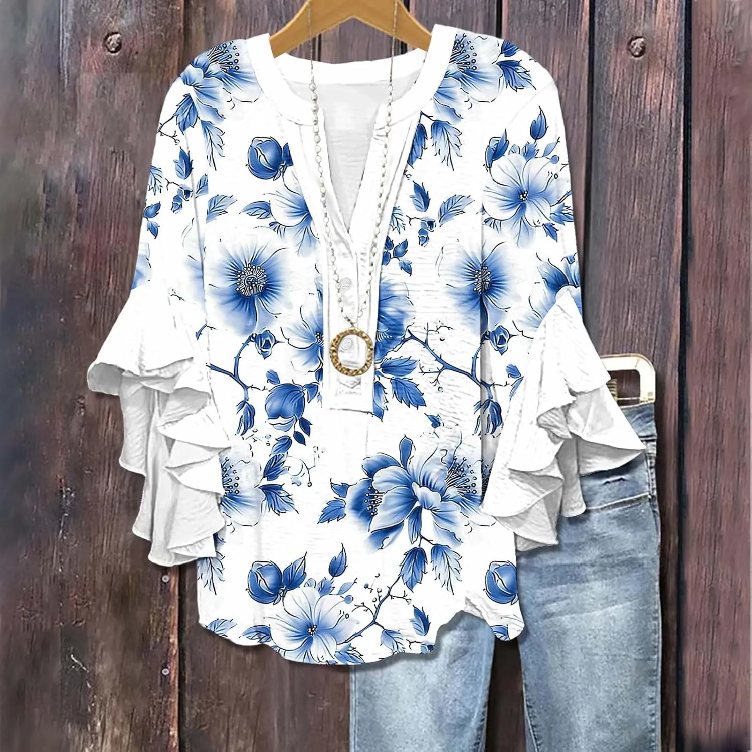 Womens Tops 3/4 Length Sleeves Floral Shirts Flowy Ruffle Sleeve Tops Half Button Down Shirt Summer V Neck Blouse