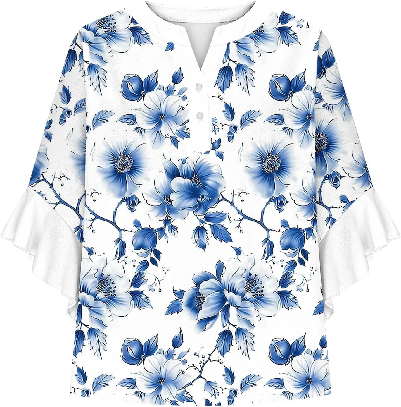 Womens Tops 3/4 Length Sleeves Floral Shirts Flowy Ruffle Sleeve Tops Half Button Down Shirt Summer V Neck Blouse