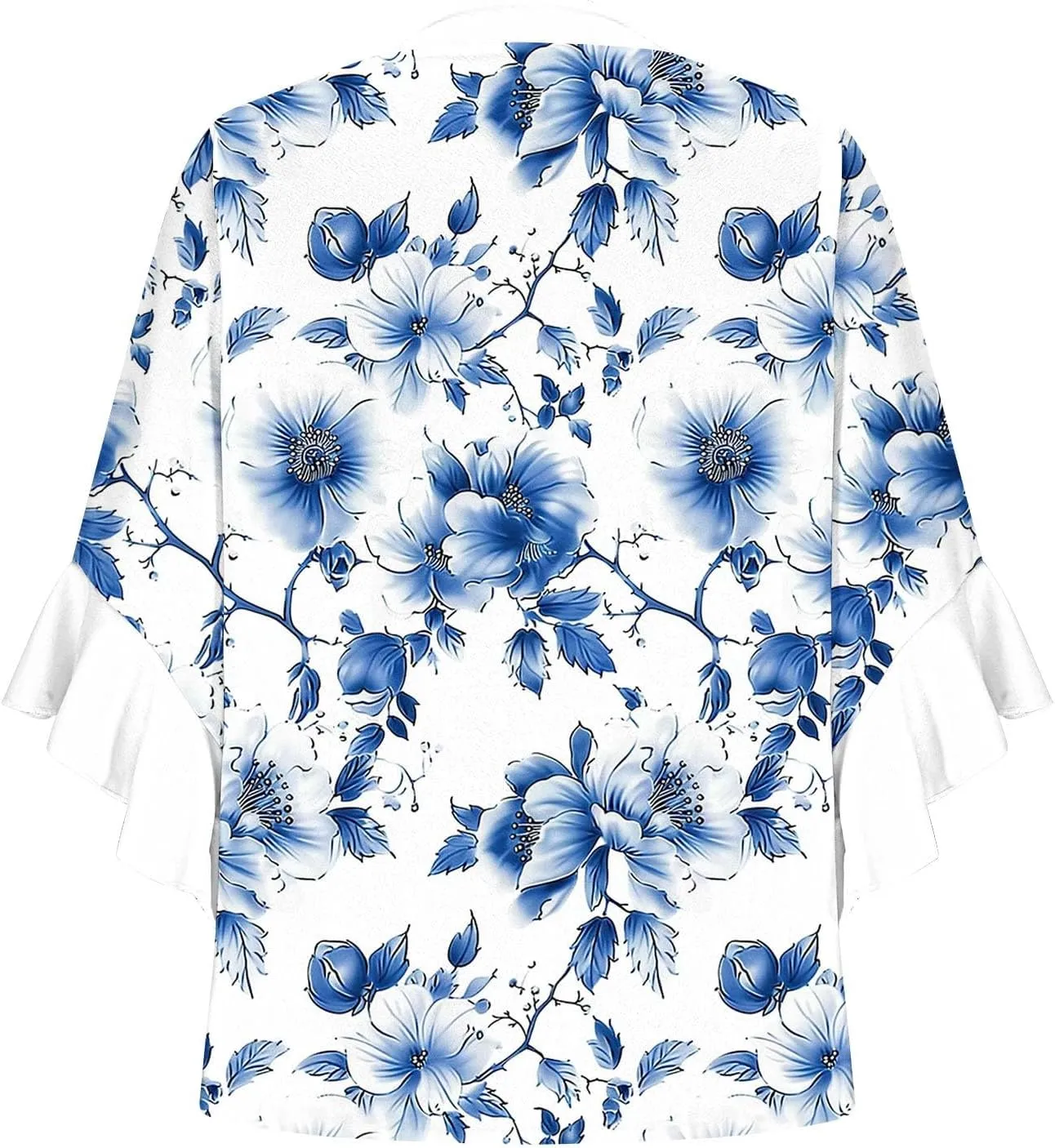 Womens Tops 3/4 Length Sleeves Floral Shirts Flowy Ruffle Sleeve Tops Half Button Down Shirt Summer V Neck Blouse