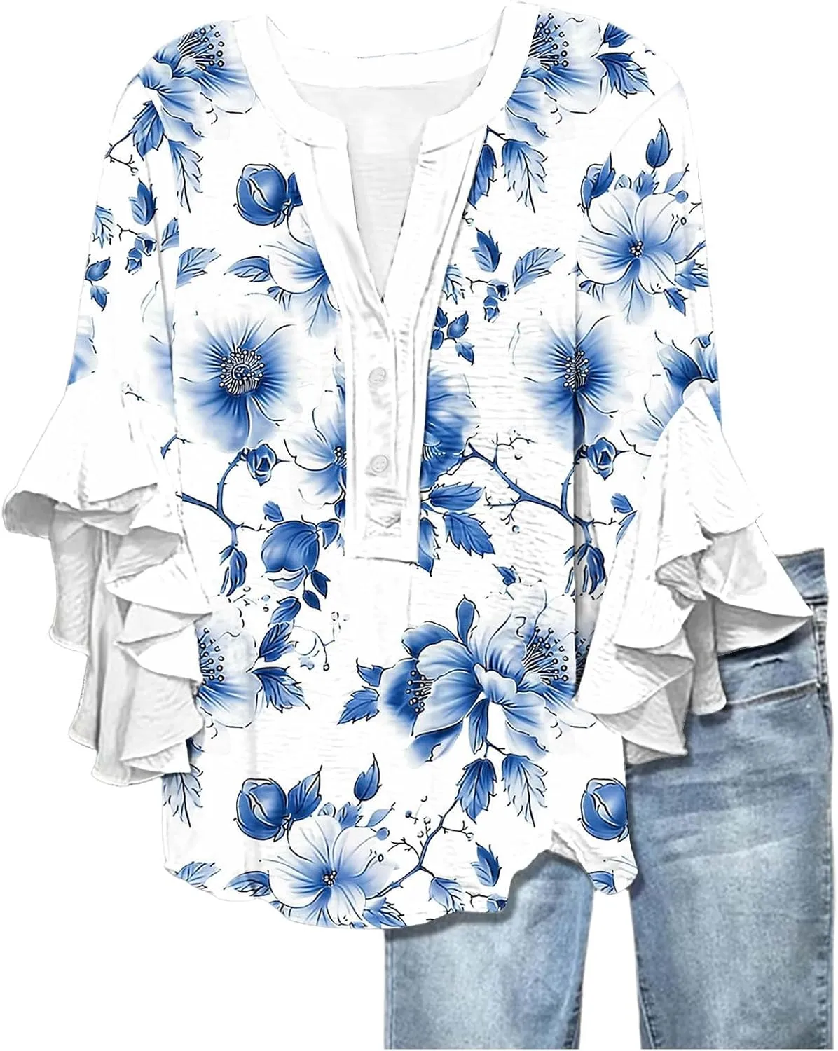 Womens Tops 3/4 Length Sleeves Floral Shirts Flowy Ruffle Sleeve Tops Half Button Down Shirt Summer V Neck Blouse