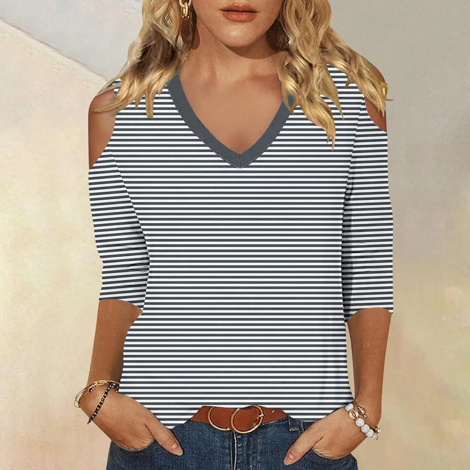 Womens Tops 3/4 Length Sleeves V Neck Cold Shoulder Shirts Trendy Striped Summer Blouse Ladies Workout Going Out Tees