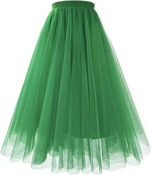 Womens Tulle Pleated Skirts Elastic High Waist Midi Length Tutu Skirts Prom Party Flowy Mesh A-Line Long Skirt