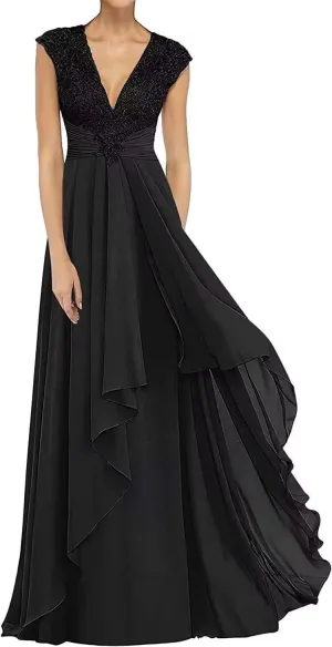 Women's V Neck Laces Appliques Mother of The Bride Dresses Sleeveless Chiffon Elegant Long Wedding Guest Gowns