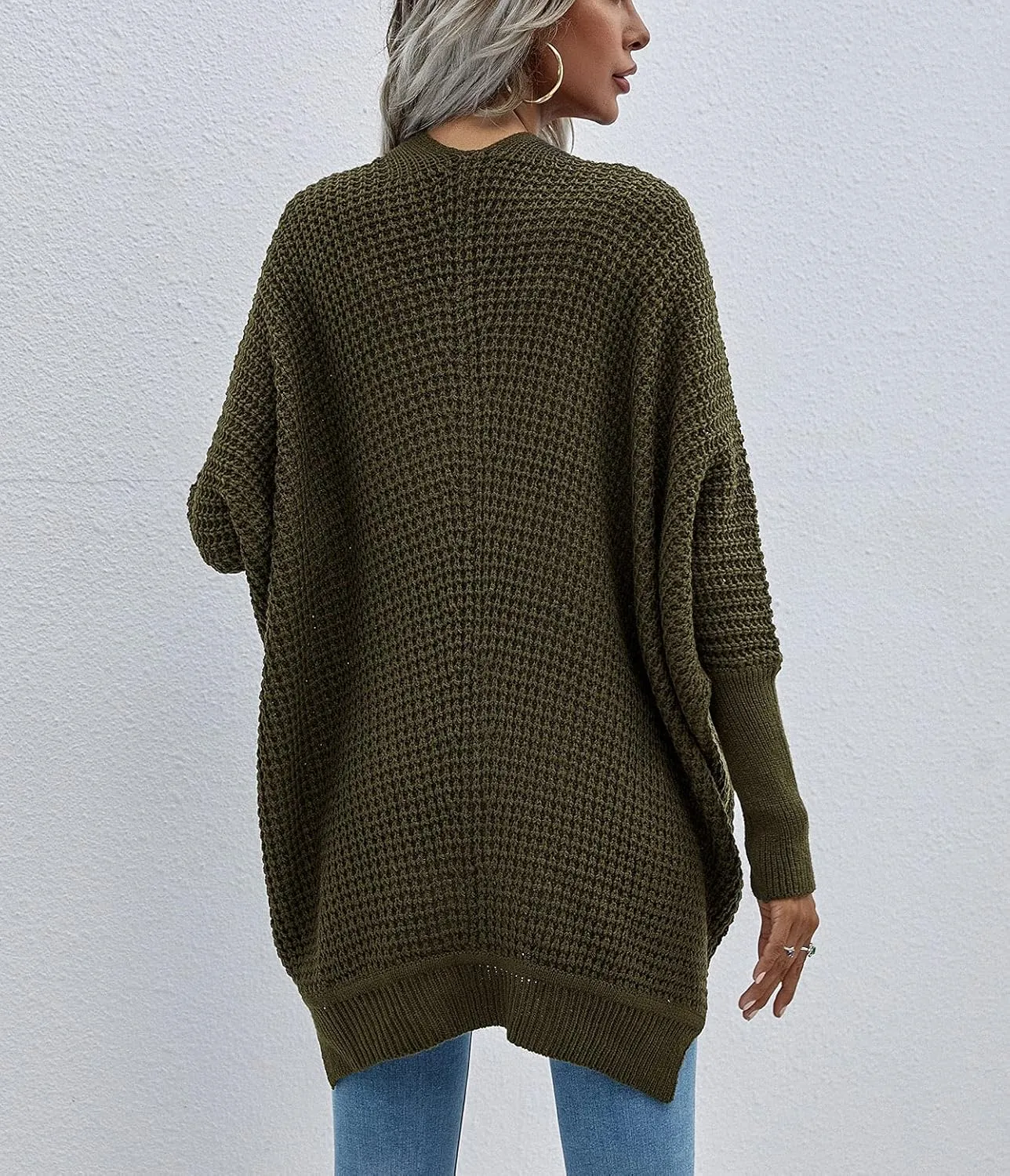 Women's Waffle Cardigan Ribbed Cuffs Open Front Knit Sweater Batwing Long Sleeve Casual Loose Chunky Coat Outwear