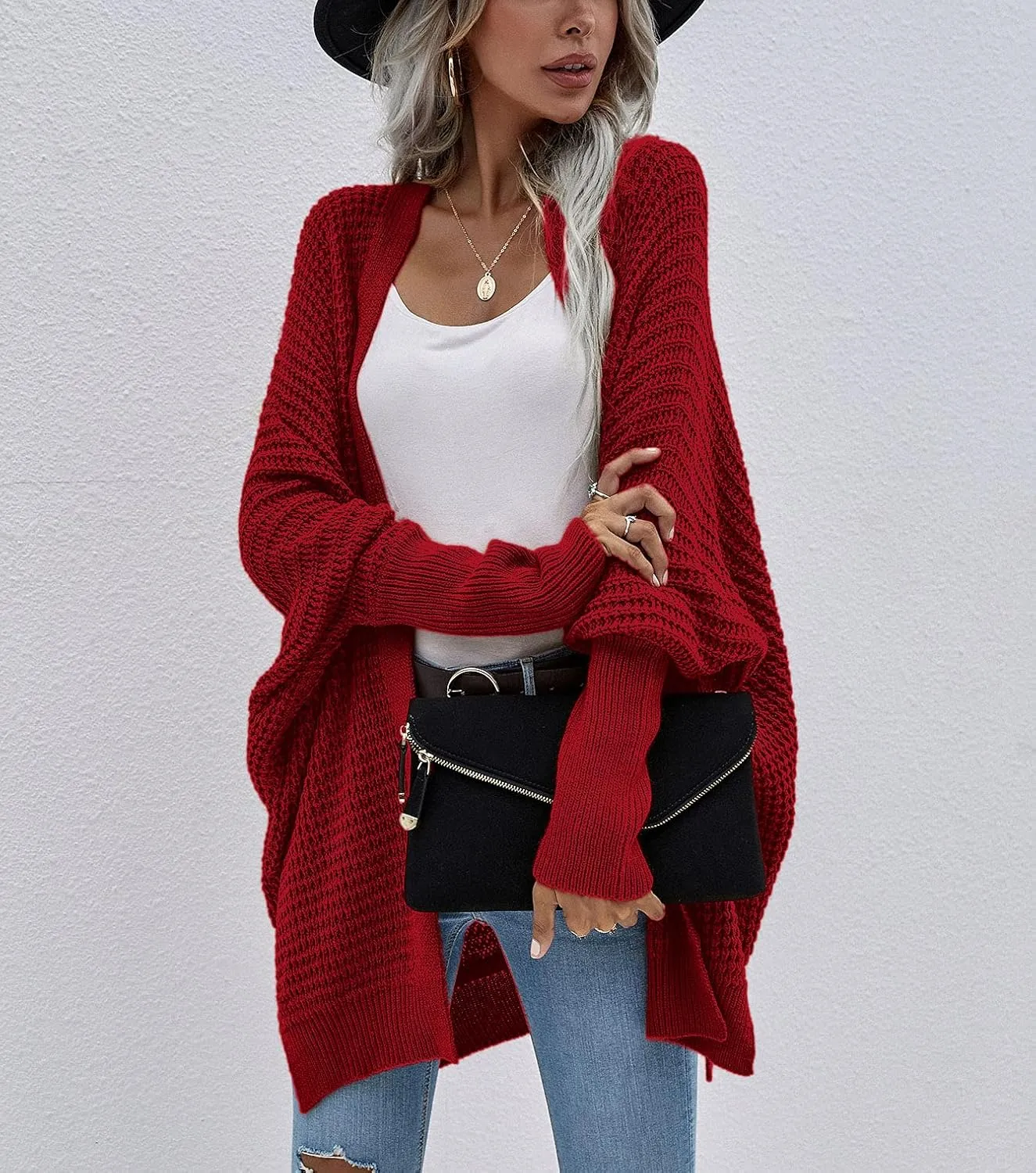 Women's Waffle Cardigan Ribbed Cuffs Open Front Knit Sweater Batwing Long Sleeve Casual Loose Chunky Coat Outwear
