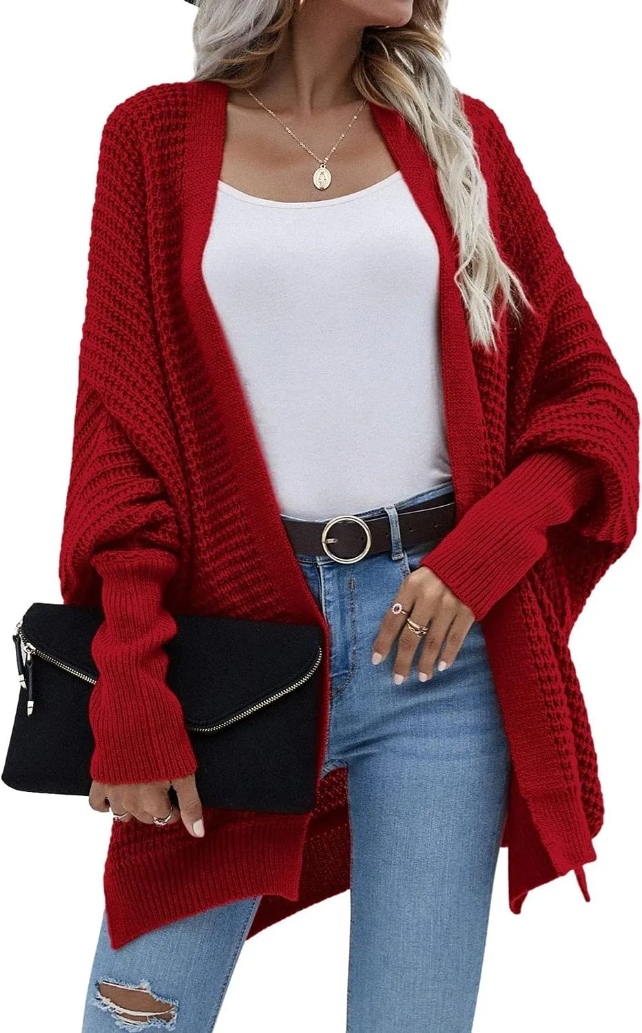 Women's Waffle Cardigan Ribbed Cuffs Open Front Knit Sweater Batwing Long Sleeve Casual Loose Chunky Coat Outwear