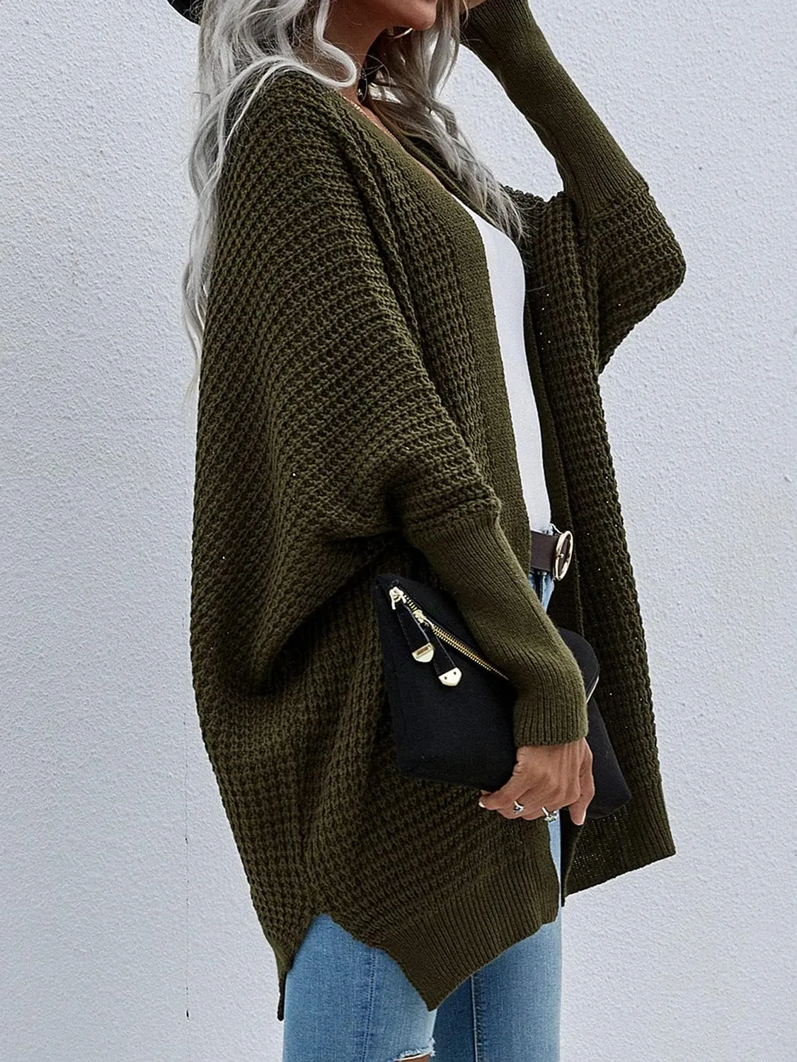 Women's Waffle Cardigan Ribbed Cuffs Open Front Knit Sweater Batwing Long Sleeve Casual Loose Chunky Coat Outwear