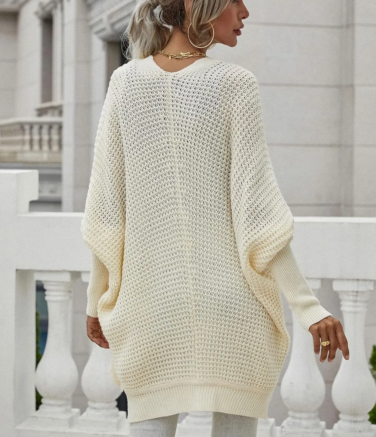 Women's Waffle Cardigan Ribbed Cuffs Open Front Knit Sweater Batwing Long Sleeve Casual Loose Chunky Coat Outwear