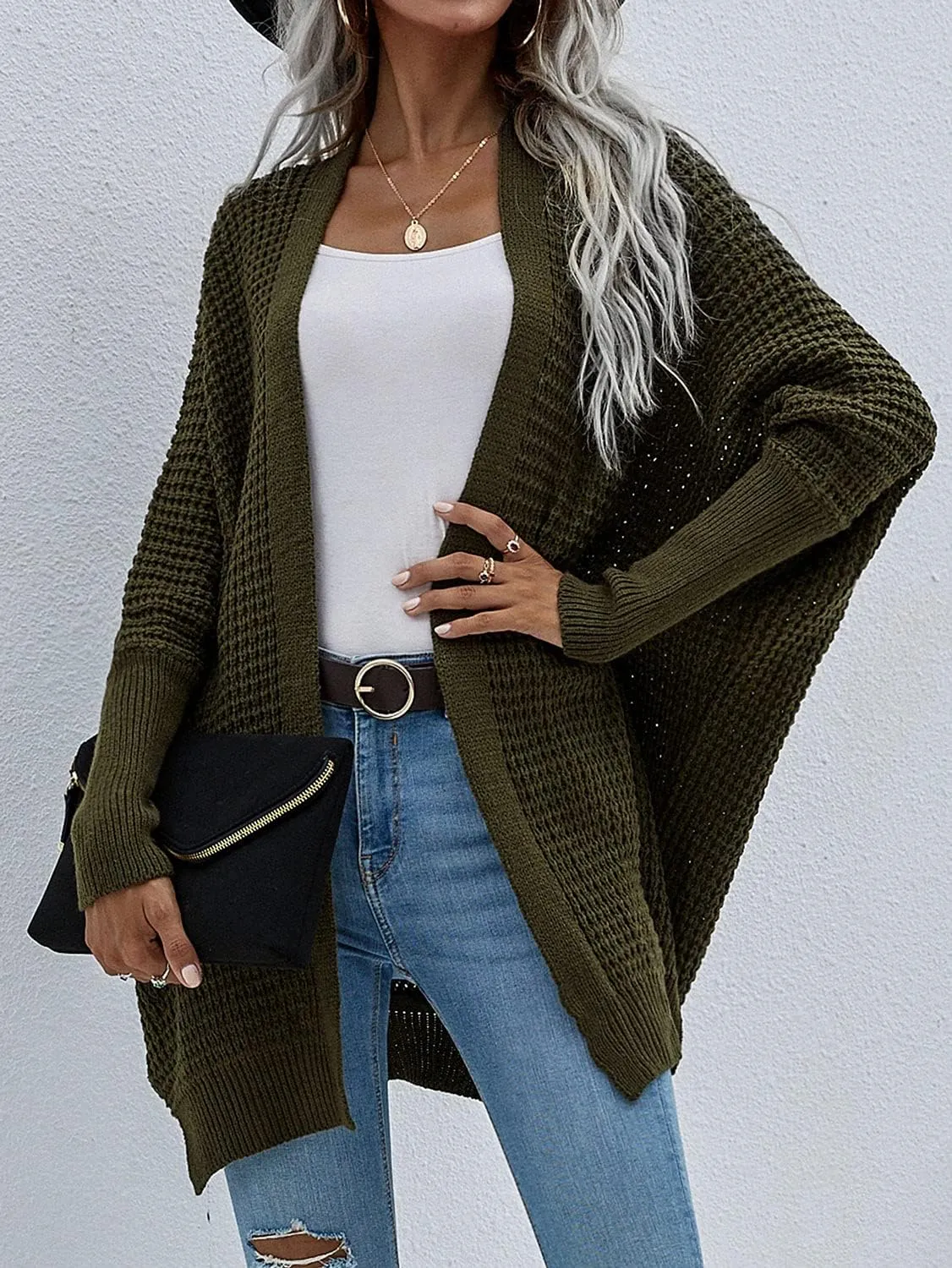 Women's Waffle Cardigan Ribbed Cuffs Open Front Knit Sweater Batwing Long Sleeve Casual Loose Chunky Coat Outwear