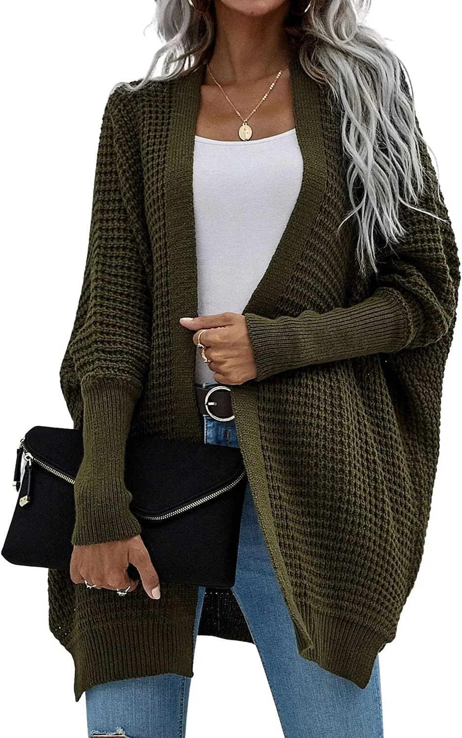 Women's Waffle Cardigan Ribbed Cuffs Open Front Knit Sweater Batwing Long Sleeve Casual Loose Chunky Coat Outwear