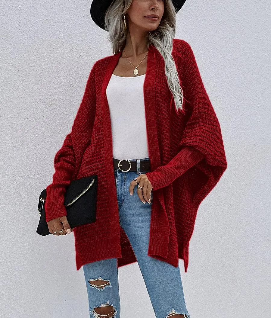 Women's Waffle Cardigan Ribbed Cuffs Open Front Knit Sweater Batwing Long Sleeve Casual Loose Chunky Coat Outwear
