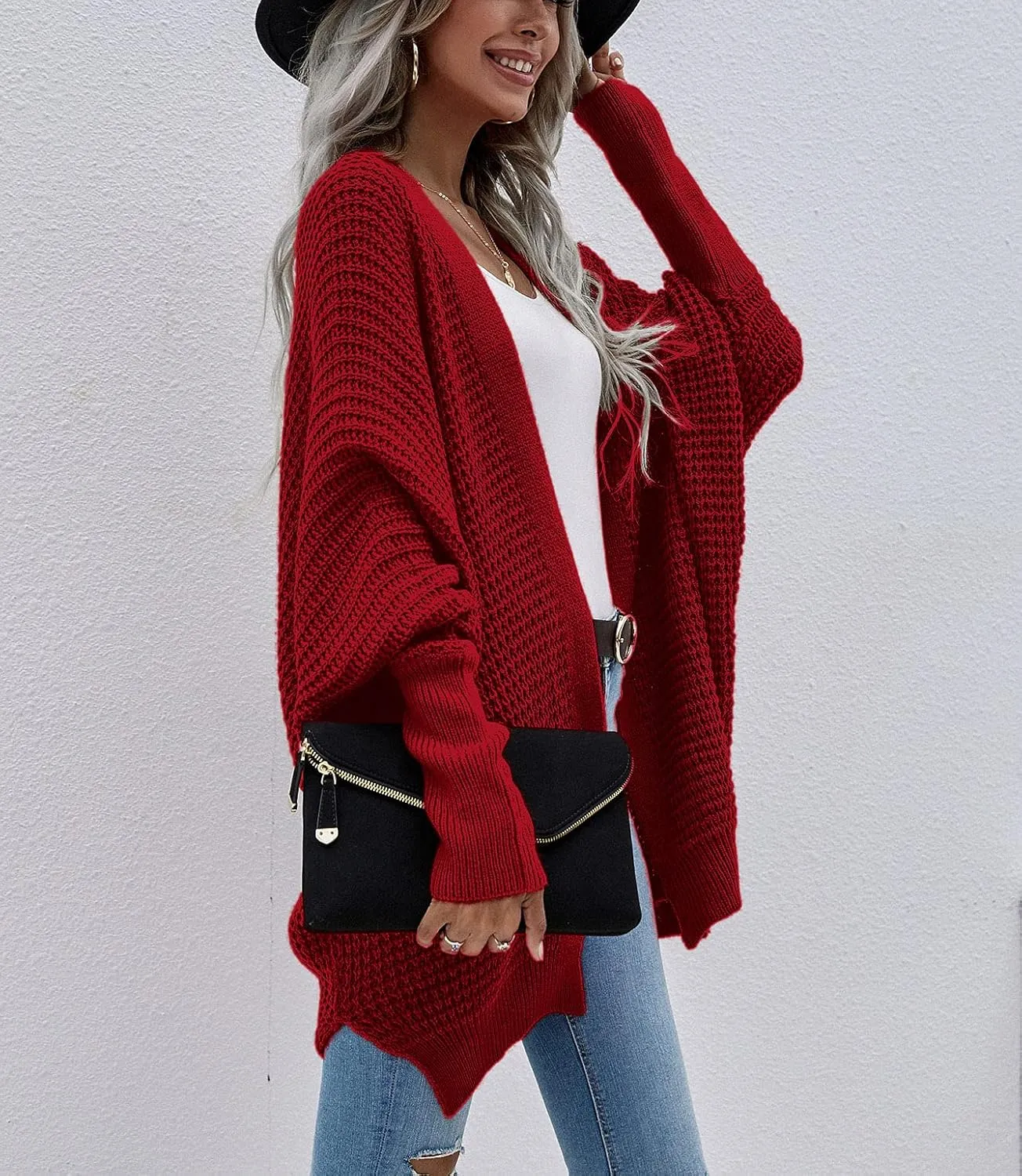 Women's Waffle Cardigan Ribbed Cuffs Open Front Knit Sweater Batwing Long Sleeve Casual Loose Chunky Coat Outwear