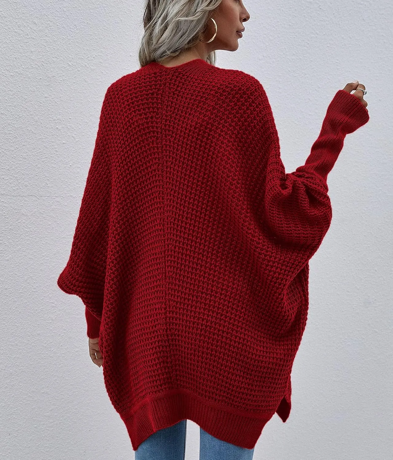 Women's Waffle Cardigan Ribbed Cuffs Open Front Knit Sweater Batwing Long Sleeve Casual Loose Chunky Coat Outwear