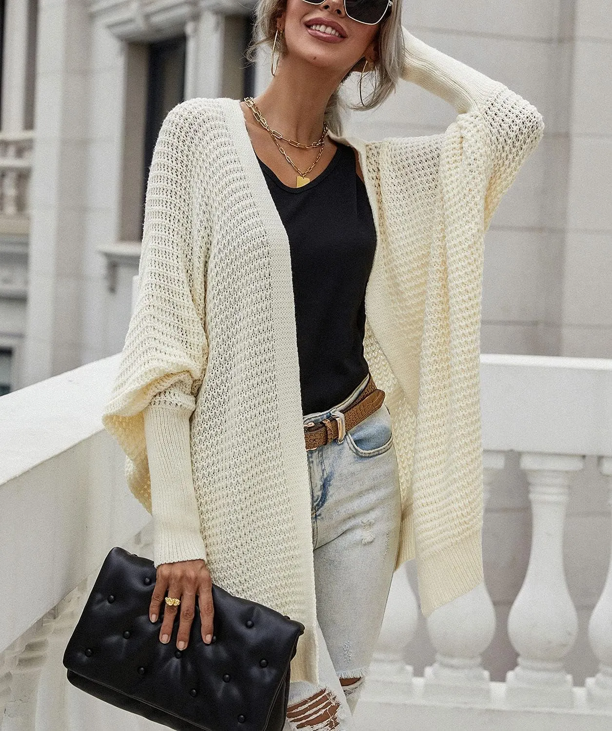 Women's Waffle Cardigan Ribbed Cuffs Open Front Knit Sweater Batwing Long Sleeve Casual Loose Chunky Coat Outwear