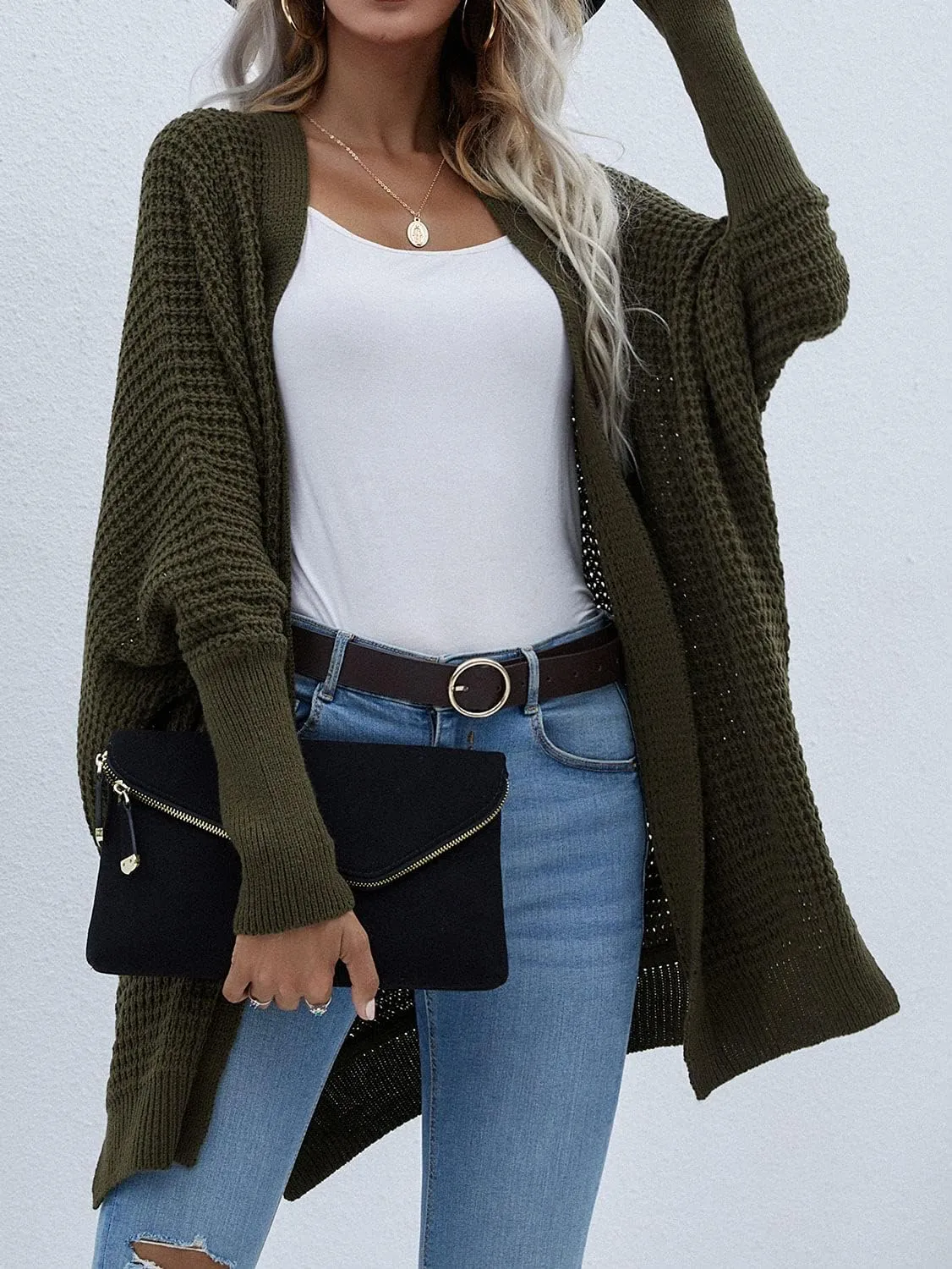 Women's Waffle Cardigan Ribbed Cuffs Open Front Knit Sweater Batwing Long Sleeve Casual Loose Chunky Coat Outwear