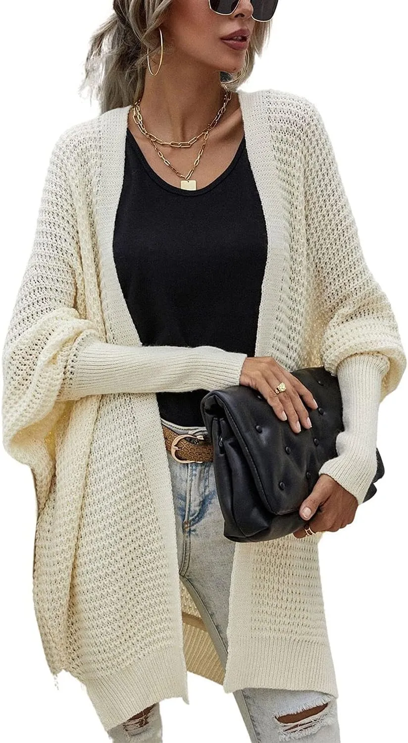 Women's Waffle Cardigan Ribbed Cuffs Open Front Knit Sweater Batwing Long Sleeve Casual Loose Chunky Coat Outwear