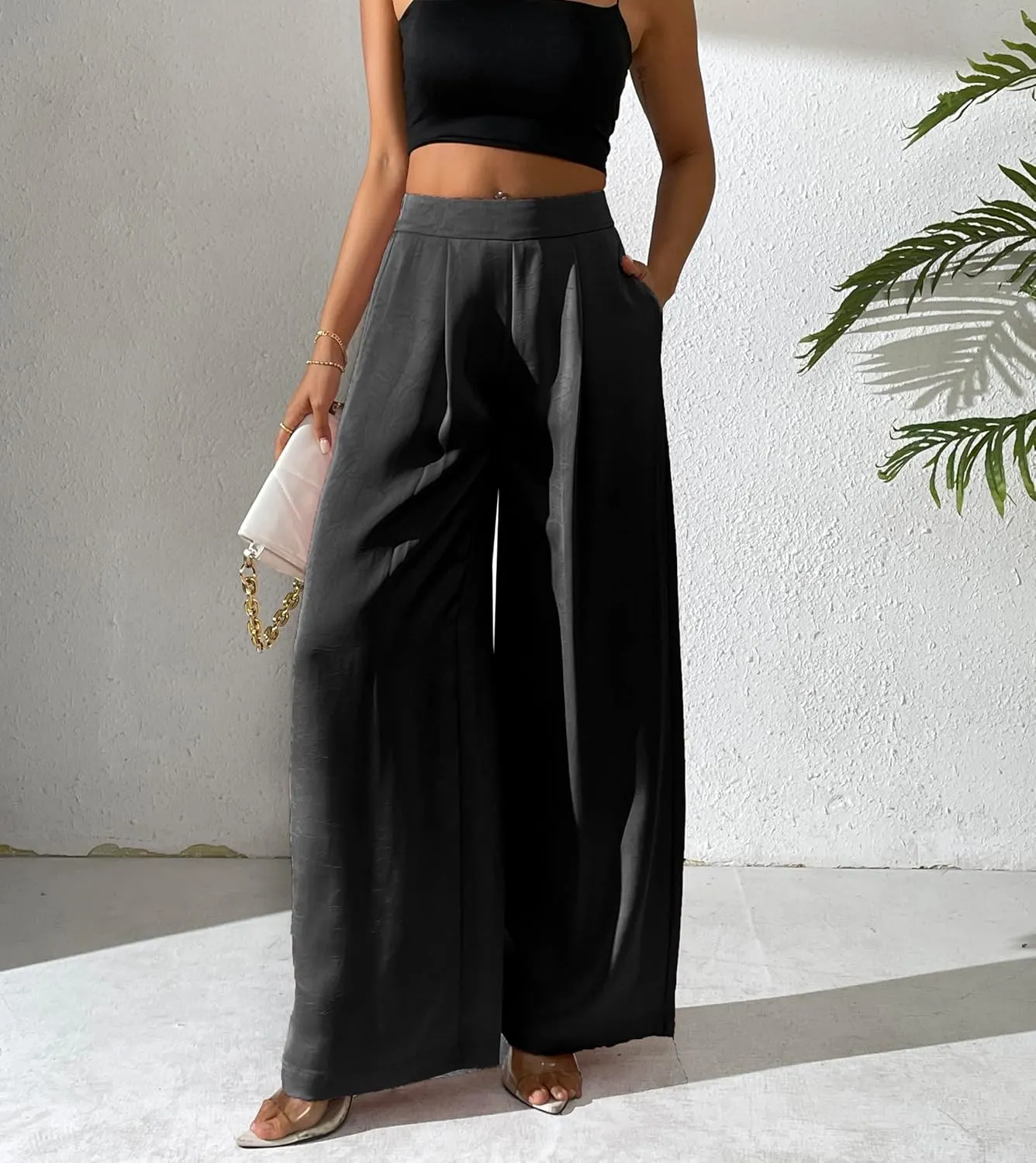 Women's Wide Leg Palazzo Pants Pleated Textured Silky Dress Casual High Waist Pant Trouser