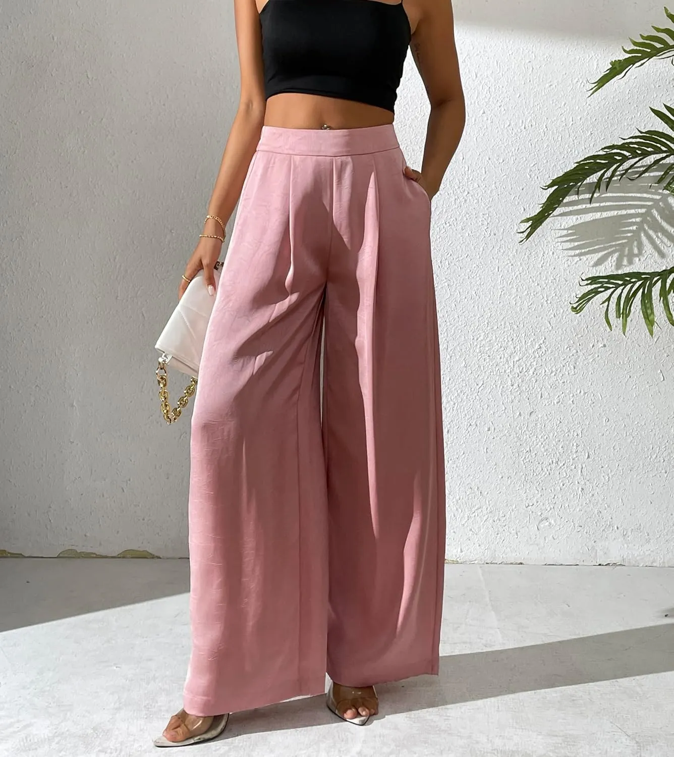 Women's Wide Leg Palazzo Pants Pleated Textured Silky Dress Casual High Waist Pant Trouser