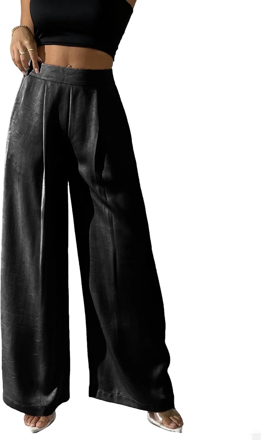 Women's Wide Leg Palazzo Pants Pleated Textured Silky Dress Casual High Waist Pant Trouser