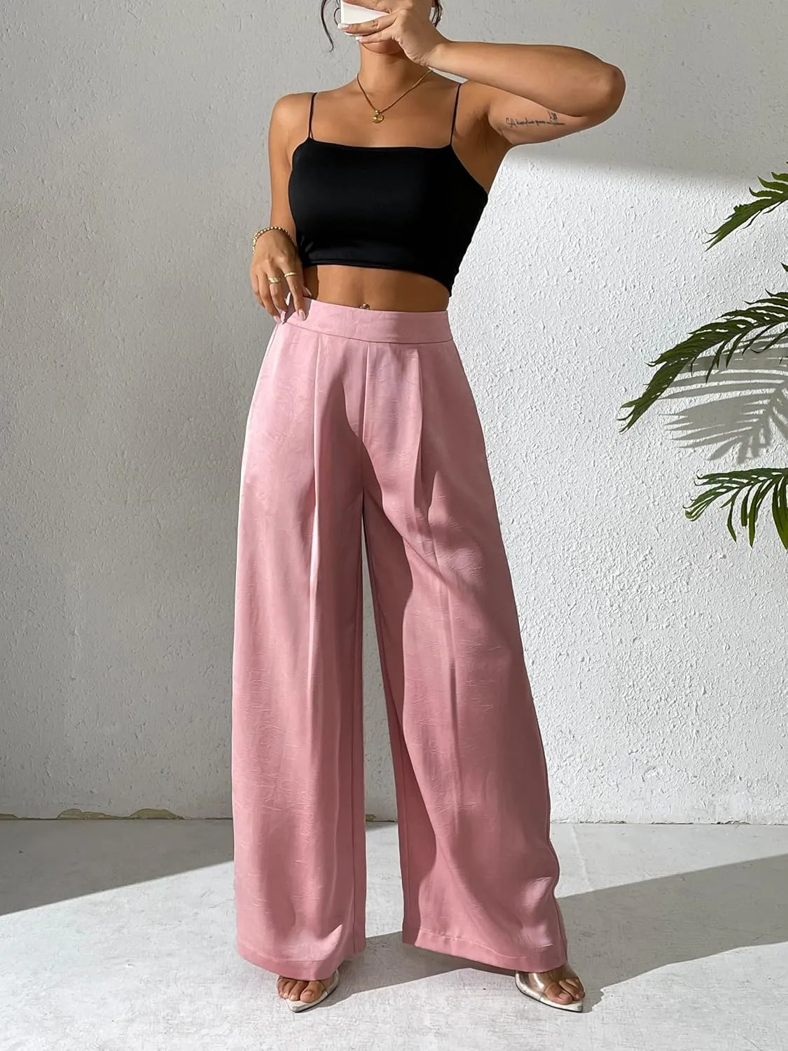 Women's Wide Leg Palazzo Pants Pleated Textured Silky Dress Casual High Waist Pant Trouser