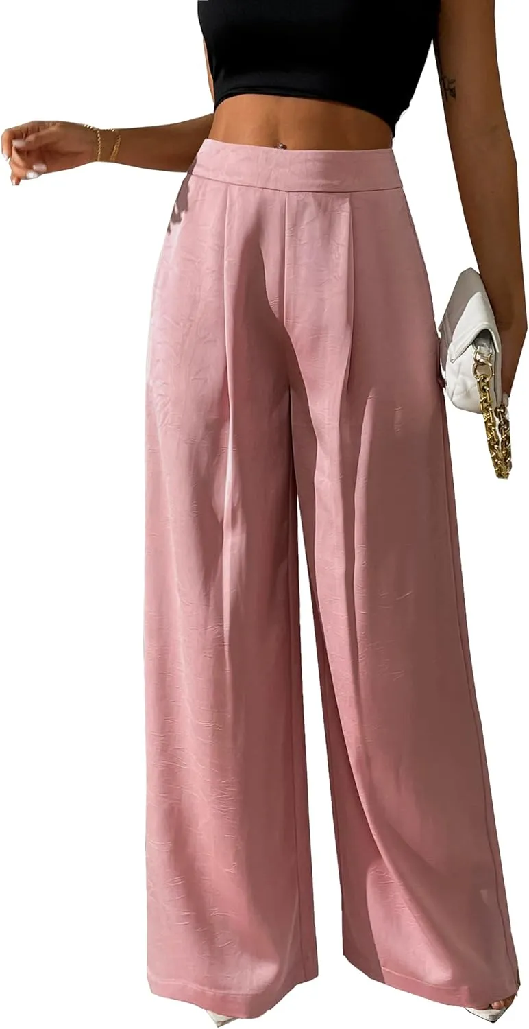Women's Wide Leg Palazzo Pants Pleated Textured Silky Dress Casual High Waist Pant Trouser