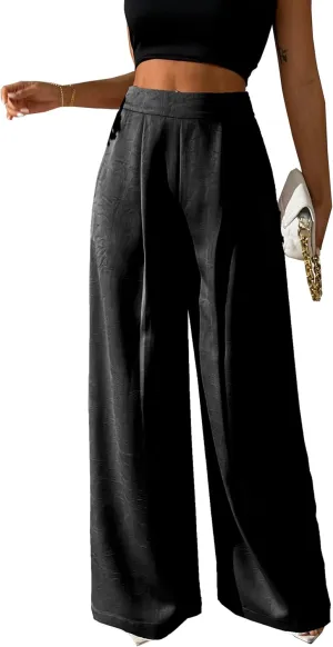 Women's Wide Leg Palazzo Pants Pleated Textured Silky Dress Casual High Waist Pant Trouser