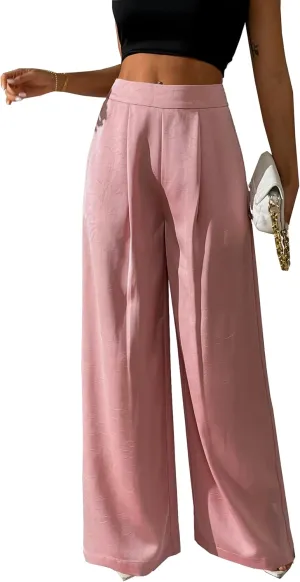 Women's Wide Leg Palazzo Pants Pleated Textured Silky Dress Casual High Waist Pant Trouser