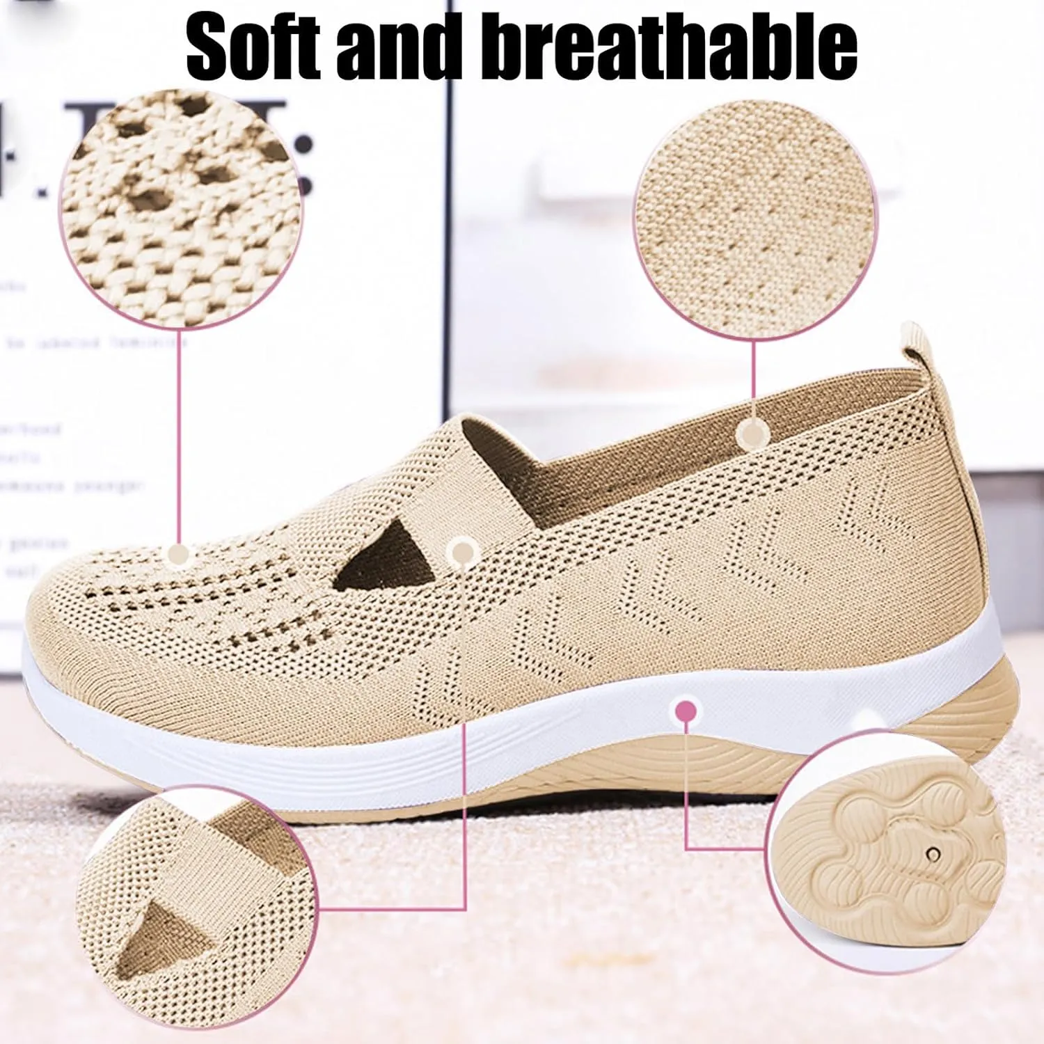 Women's Woven Breathable Soft Sole Shoes Arch Support Comfort Slip on Sneakers Mesh Work Walking Shoes Running Jogging Shoe Outdoor Fashion Lightweight Breathable Orthopedic Wide Sneaker