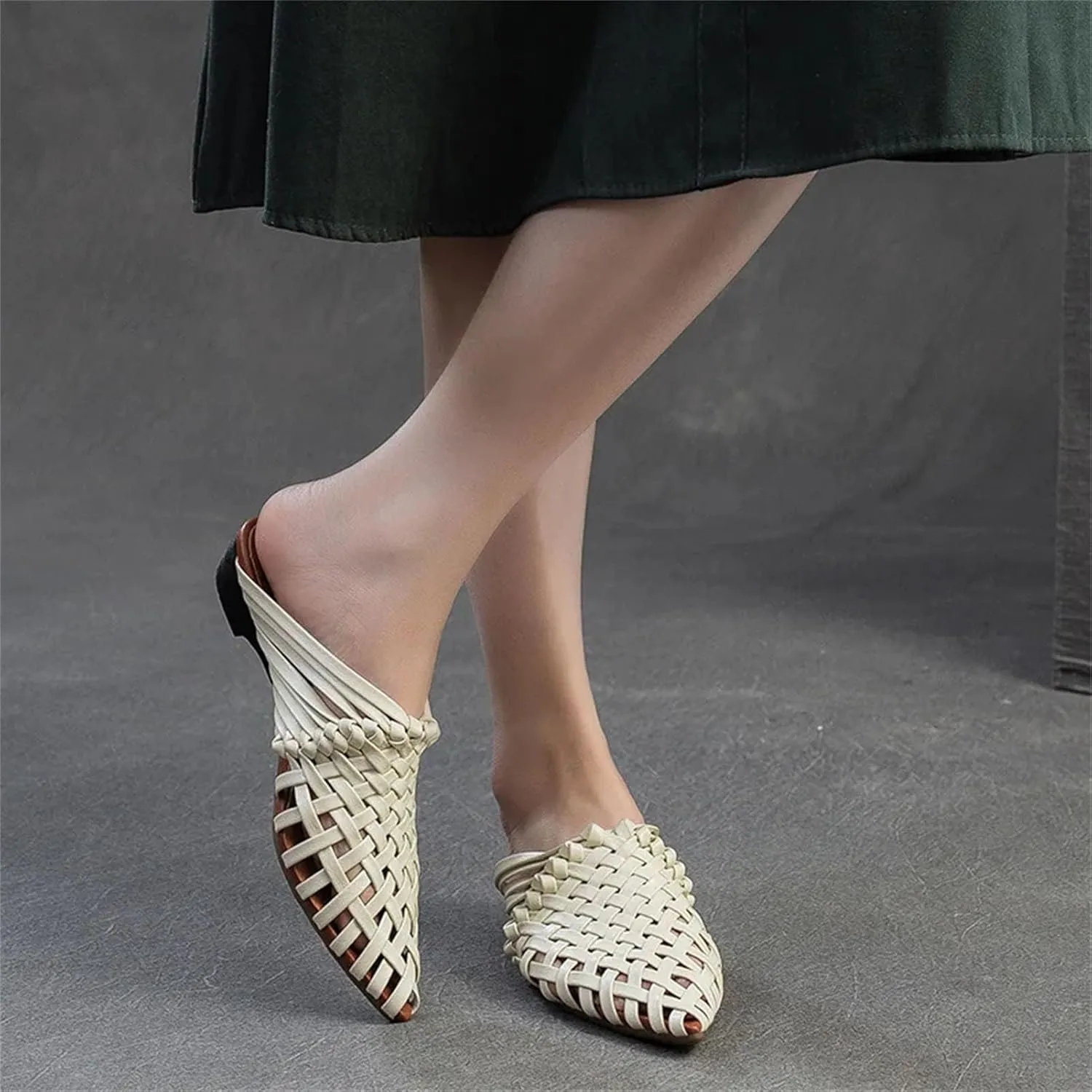 Women's Woven Leather Mary Jane Flats - Pointed Toe Summer Fashion Slippers
