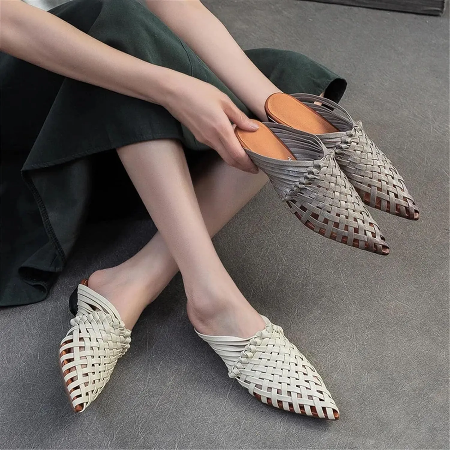 Women's Woven Leather Mary Jane Flats - Pointed Toe Summer Fashion Slippers