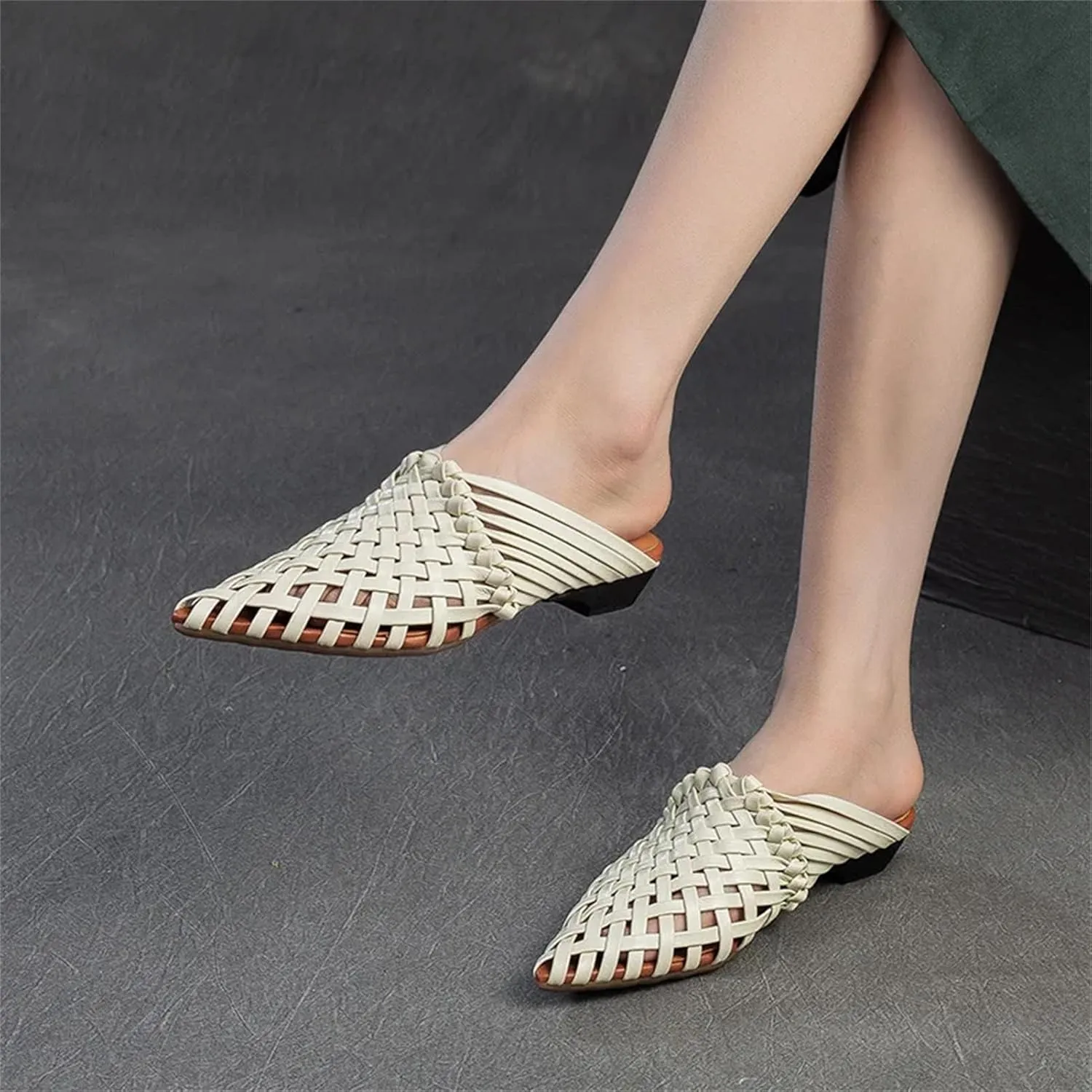 Women's Woven Leather Mary Jane Flats - Pointed Toe Summer Fashion Slippers