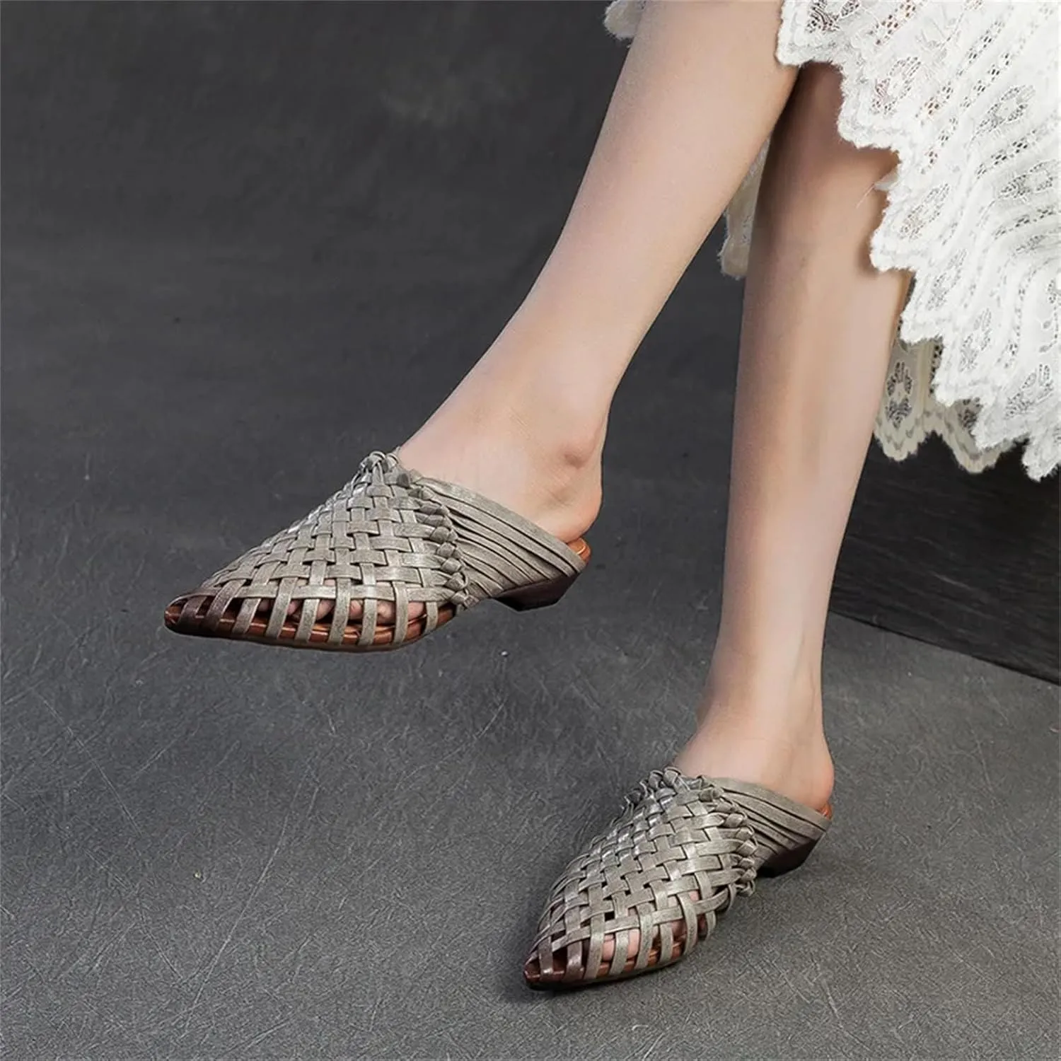 Women's Woven Leather Mary Jane Flats - Pointed Toe Summer Fashion Slippers