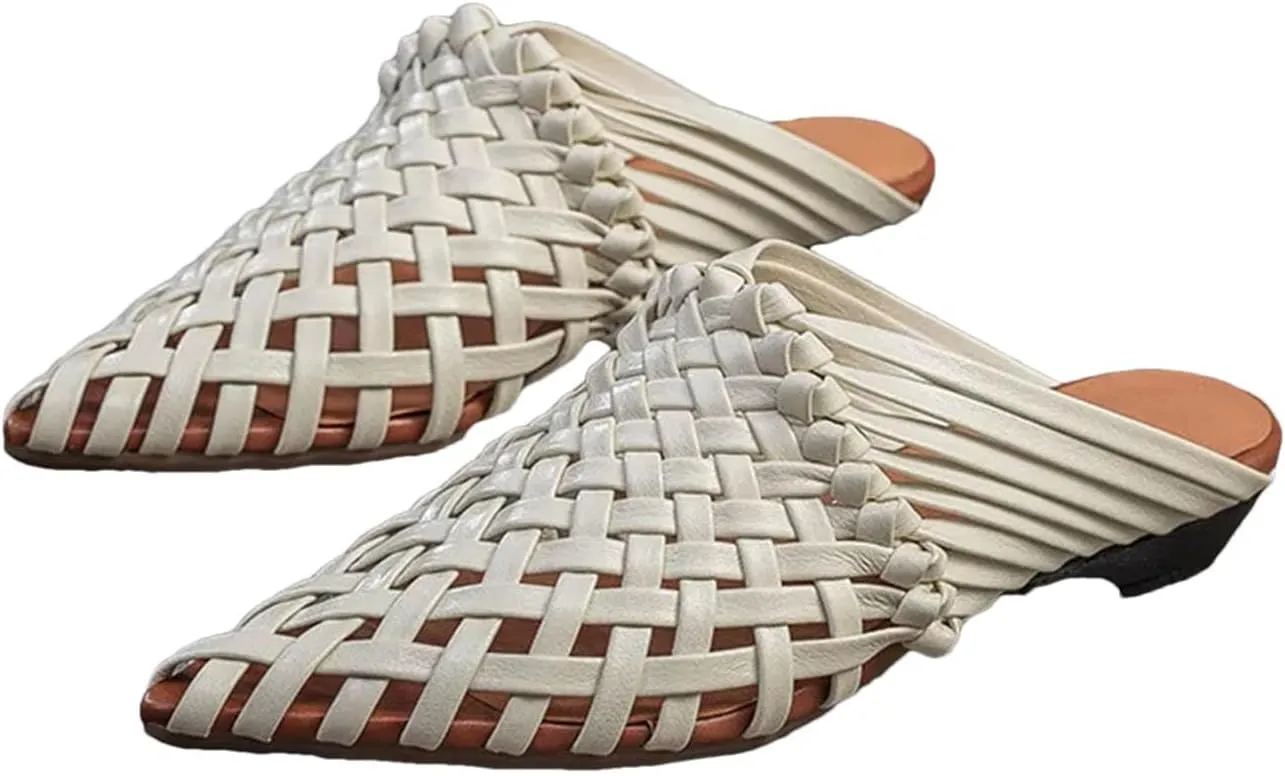 Women's Woven Leather Mary Jane Flats - Pointed Toe Summer Fashion Slippers