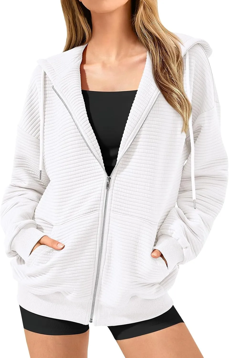 Womens Zip Up Hoodie Oversized Sweatshirt Waffle Knit Clothes Fall Fashion Long Sleeve Jacket With Pockets
