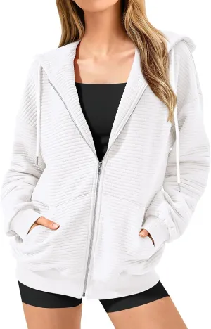 Womens Zip Up Hoodie Oversized Sweatshirt Waffle Knit Clothes Fall Fashion Long Sleeve Jacket With Pockets