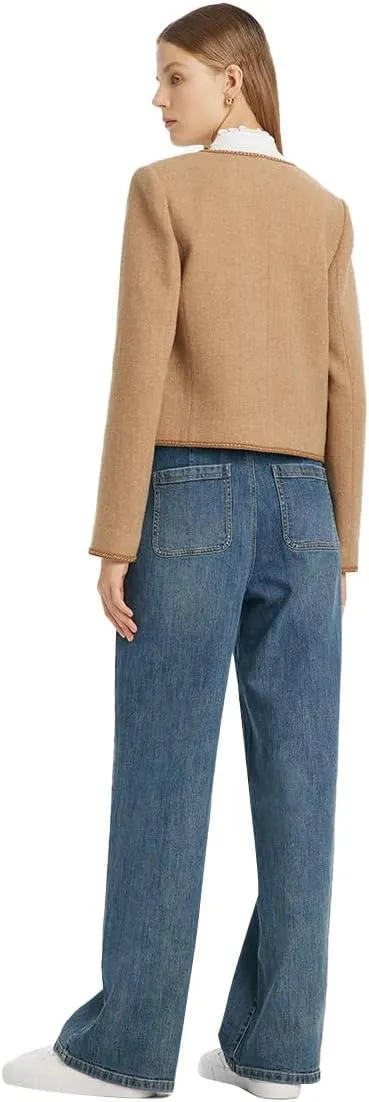 Wool Blend Tweed Blazers for Women Business Casual Knit Blazer Cropped Jacket for Women