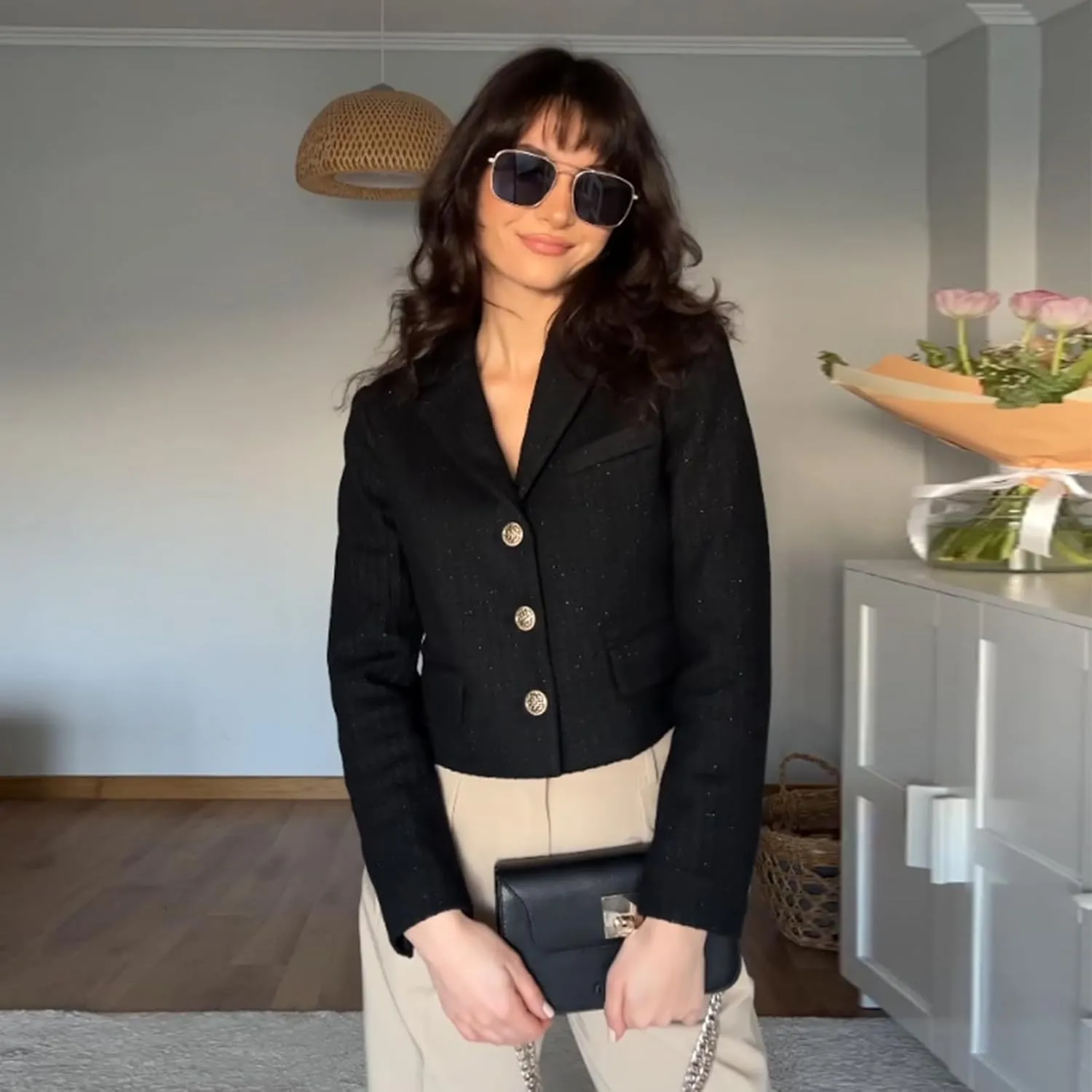 Wool Blend Tweed Blazers for Women Business Casual Knit Blazer Cropped Jacket for Women