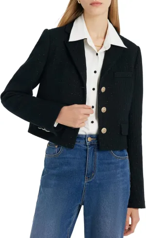 Wool Blend Tweed Blazers for Women Business Casual Knit Blazer Cropped Jacket for Women