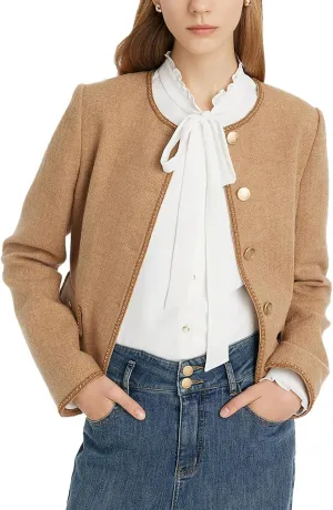 Wool Blend Tweed Blazers for Women Business Casual Knit Blazer Cropped Jacket for Women