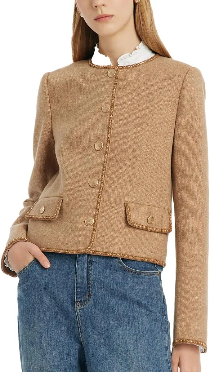 Wool Blend Tweed Blazers for Women Business Casual Knit Blazer Cropped Jacket for Women