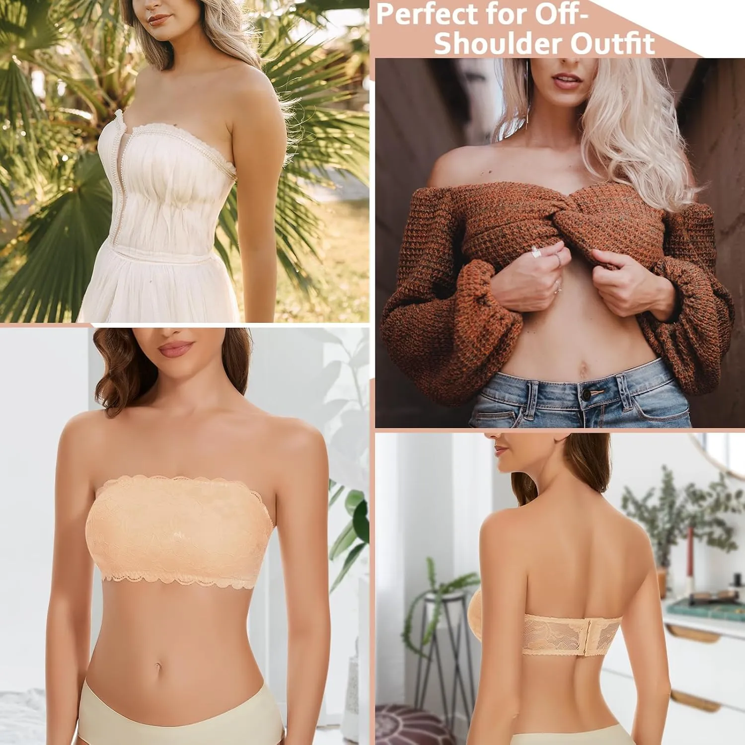 WOWENY 2 Packs Womens Wirefree Lace Bandeau Bra Strapless Tube Top Padded Bralette Seamless Wirefree Underoutfit Bras