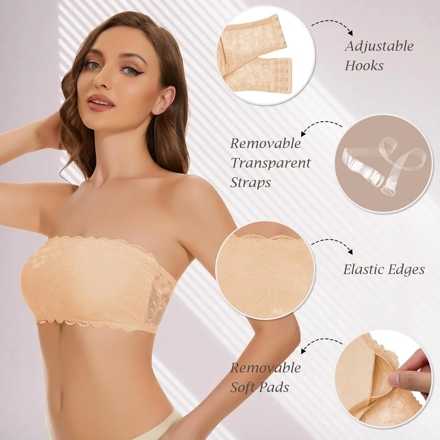 WOWENY 2 Packs Womens Wirefree Lace Bandeau Bra Strapless Tube Top Padded Bralette Seamless Wirefree Underoutfit Bras