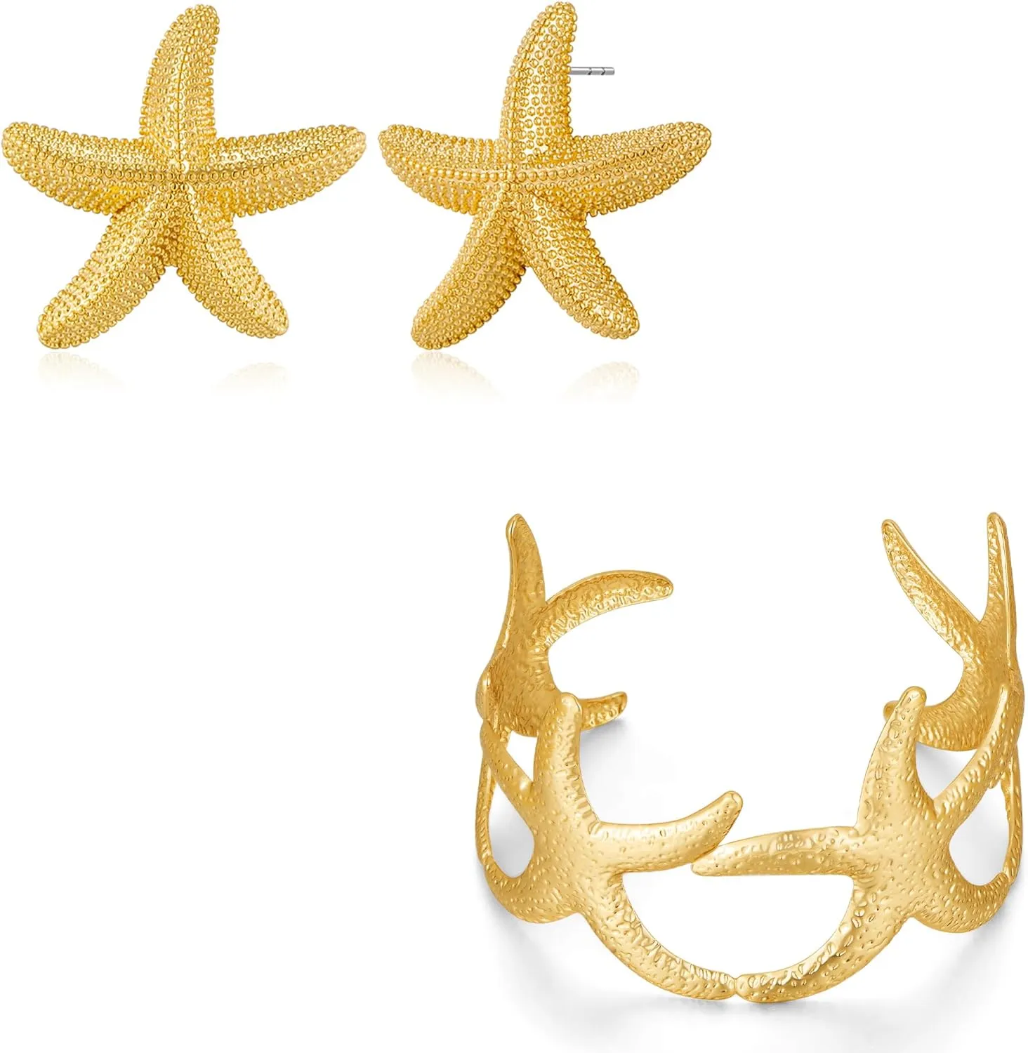 WOWORAMA Gold Starfish Stud Earrings and Chunky Starfish Cuff Bracelet Set for Women