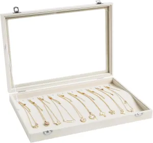 Wudygirl Necklace Organizer with Clear Glass Lid Stackable Jewelry Organizer Tray with 20 Hooks for Necklace Bracelet(Beige Necklace Box)