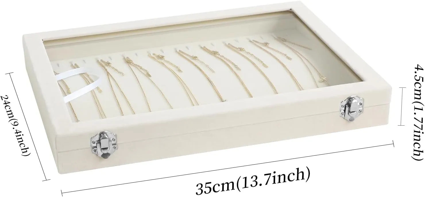 Wudygirl Necklace Organizer with Clear Glass Lid Stackable Jewelry Organizer Tray with 20 Hooks for Necklace Bracelet(Beige Necklace Box)