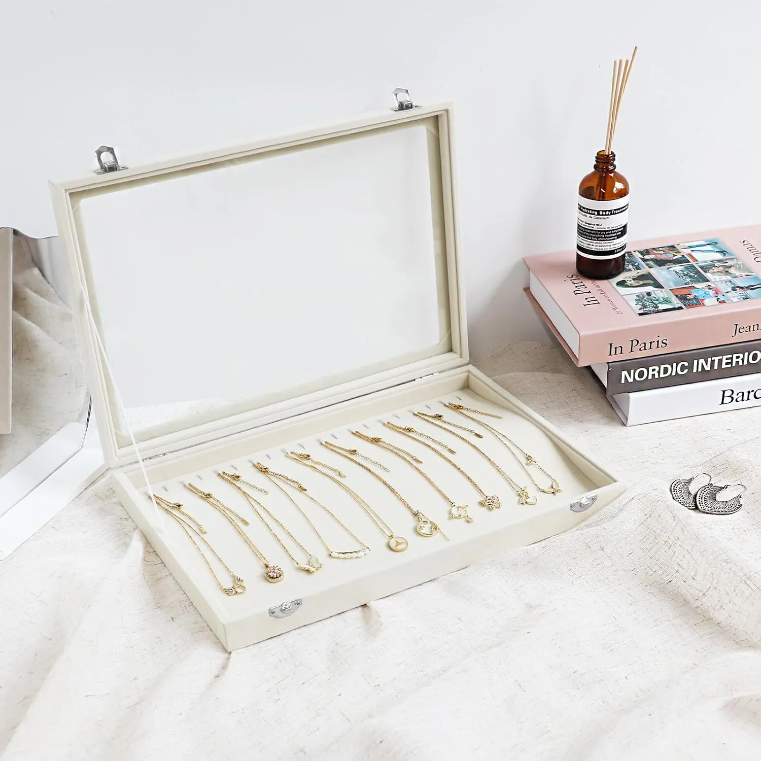 Wudygirl Necklace Organizer with Clear Glass Lid Stackable Jewelry Organizer Tray with 20 Hooks for Necklace Bracelet(Beige Necklace Box)