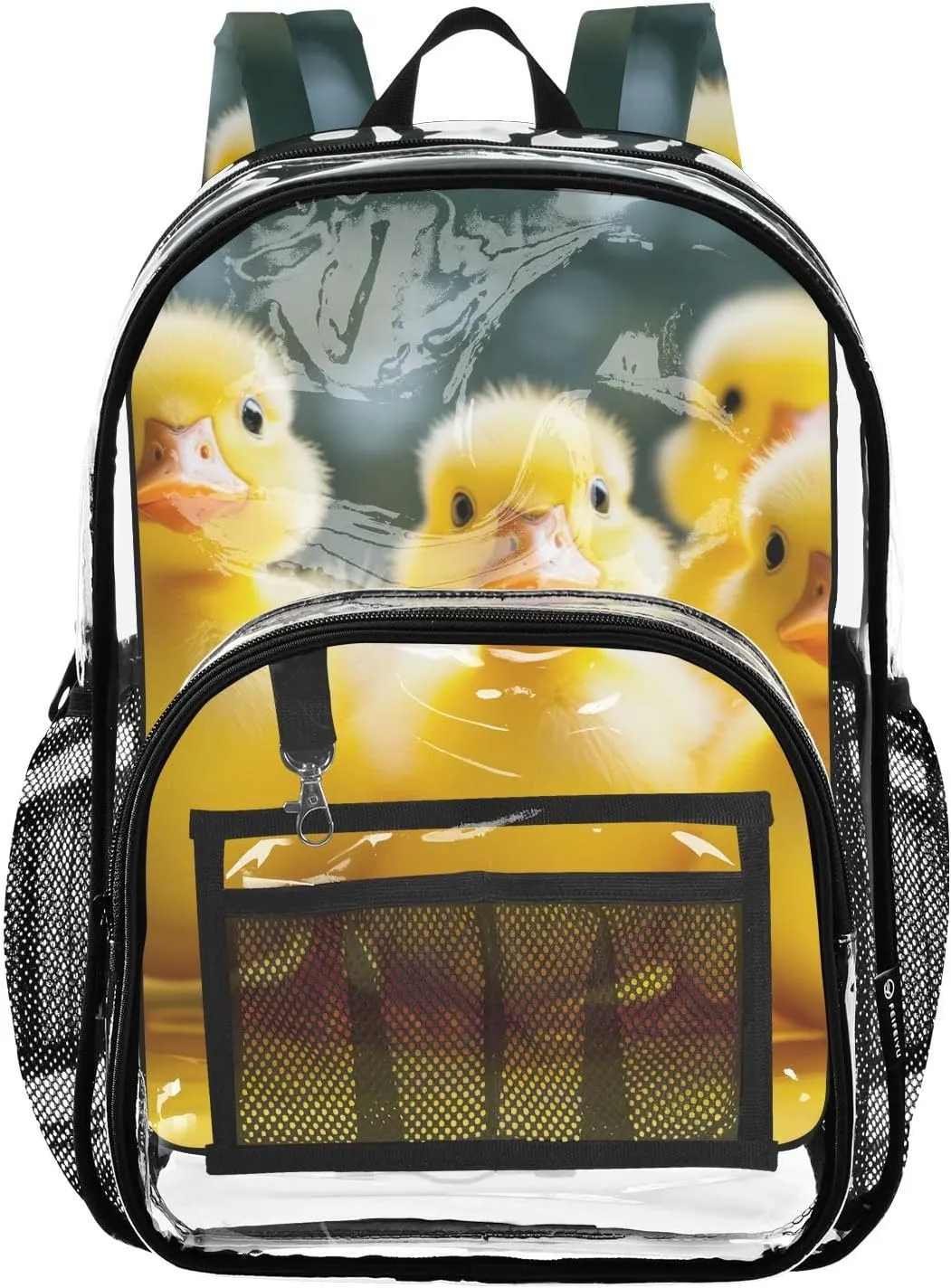 Yellow Ducks Clear Plastic Backpack - Transparent PVC Heavy Duty Bag with Large Main Pocket and Mesh Pockets - Ideal for School, Travel, Outings - Clear Backpack for Everyday Use